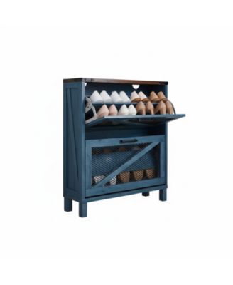 Farmhouse Shoe Cabinet 2 Flip Drawers Mesh Doors Adjustable Shelves Wooden Organizer for Entryway