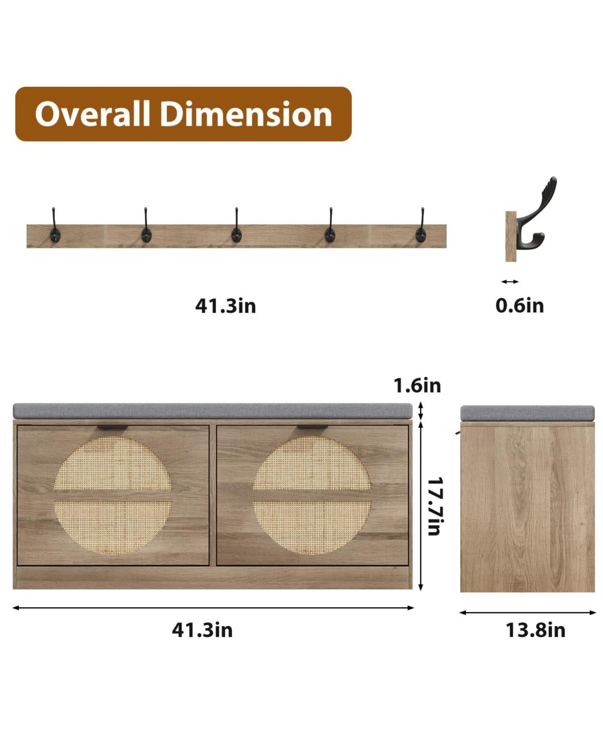 Yigii Rattan Storage Bench Cushion Coat Rack 2 Flip Drawers Entryway Living Room