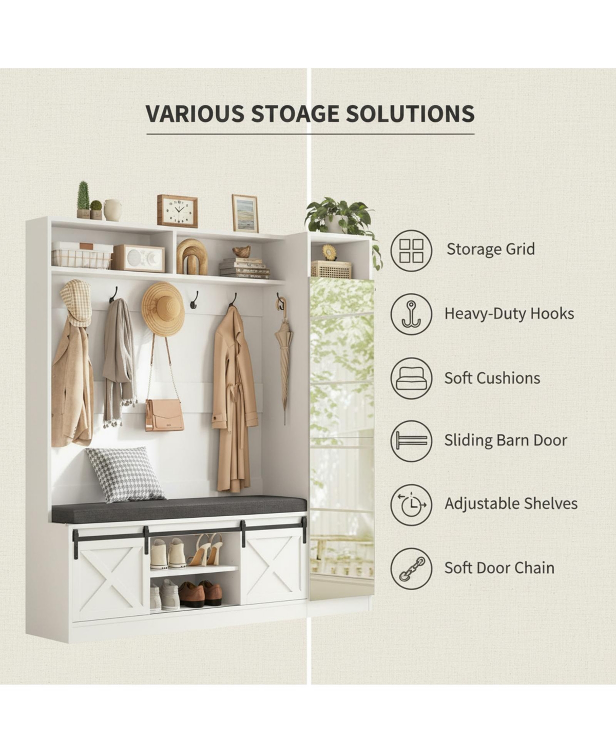 Yigii Hall Tree Bench Shoe Storage Coat Rack Farmhouse Barn Door 4in1 Cushioned Stool Hooks