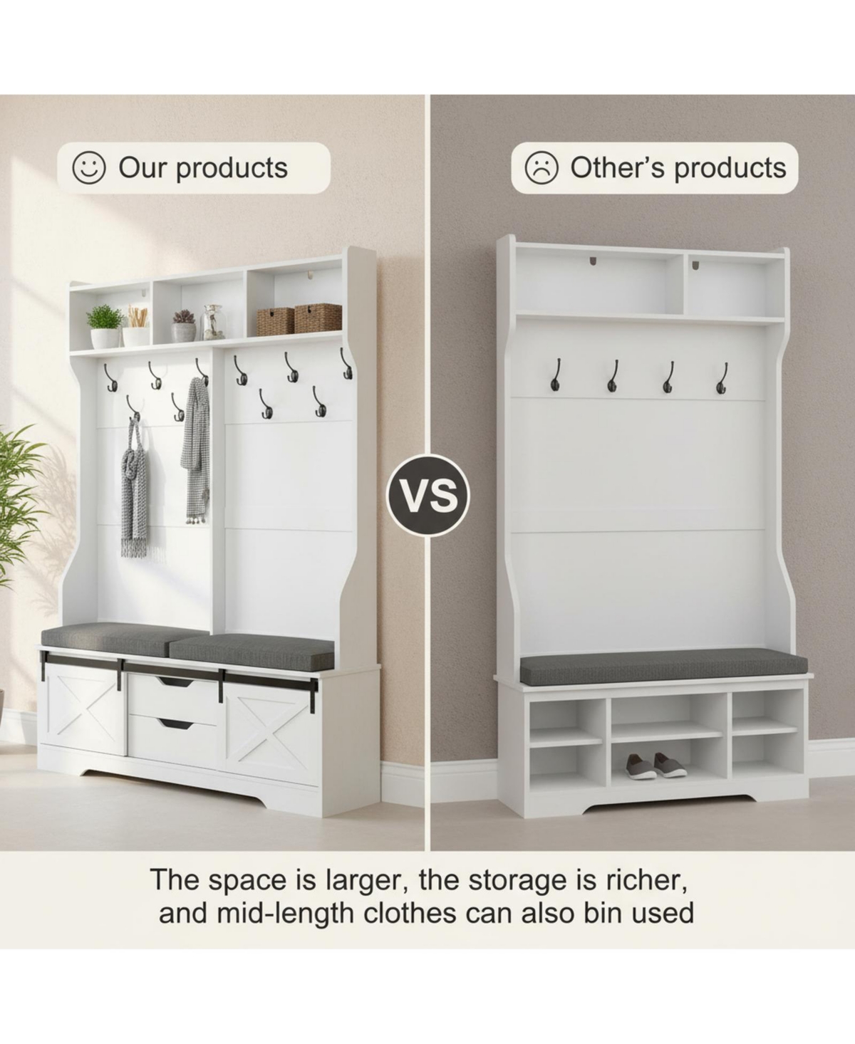 Yigii Hall Tree Bench Shoe Storage Coat Rack Farmhouse Barn Door 4in1 Cushioned Stool Hooks