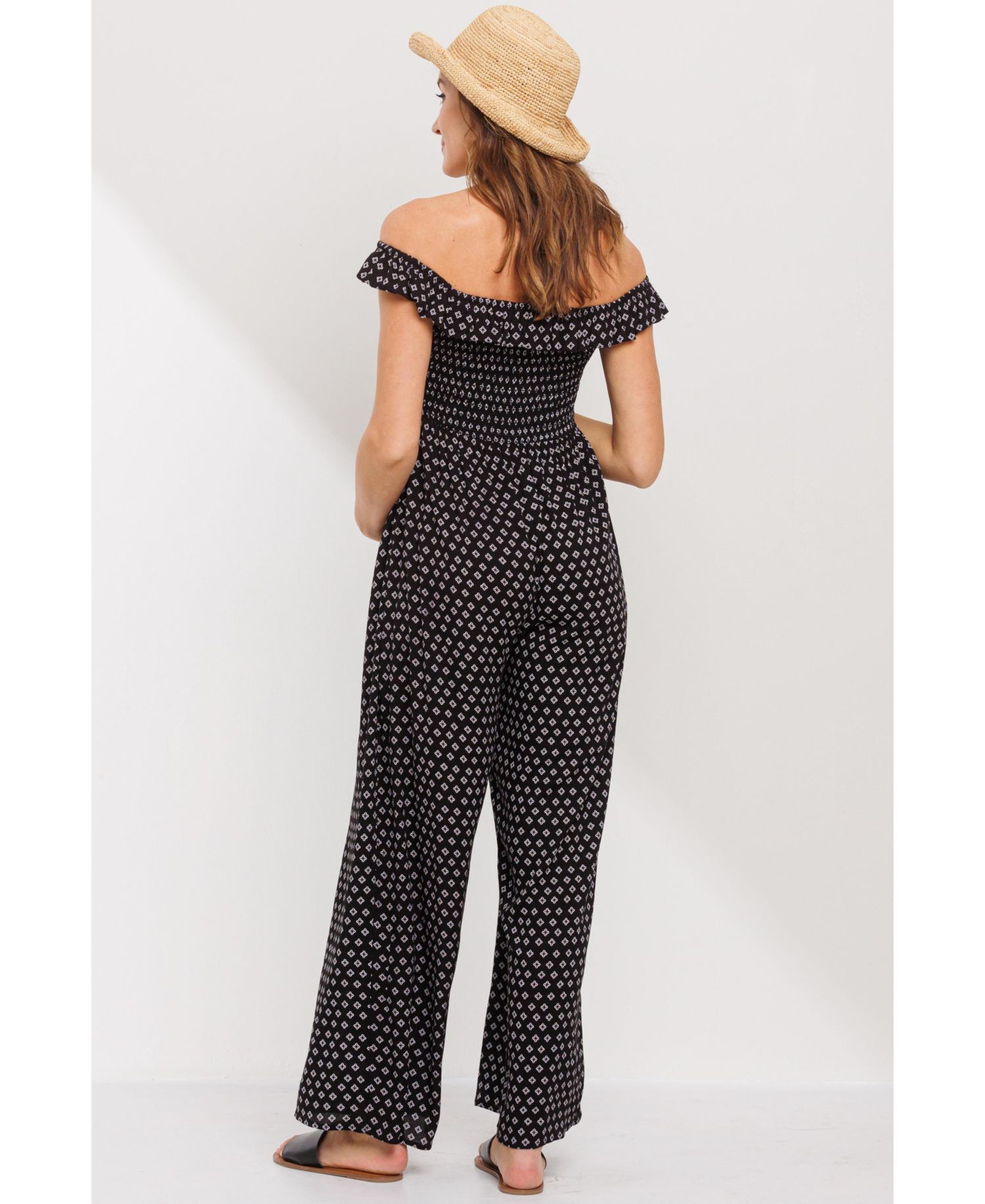 Maternity Smocked Wide Leg Off the Shoulder Jumpsuit with Pockets