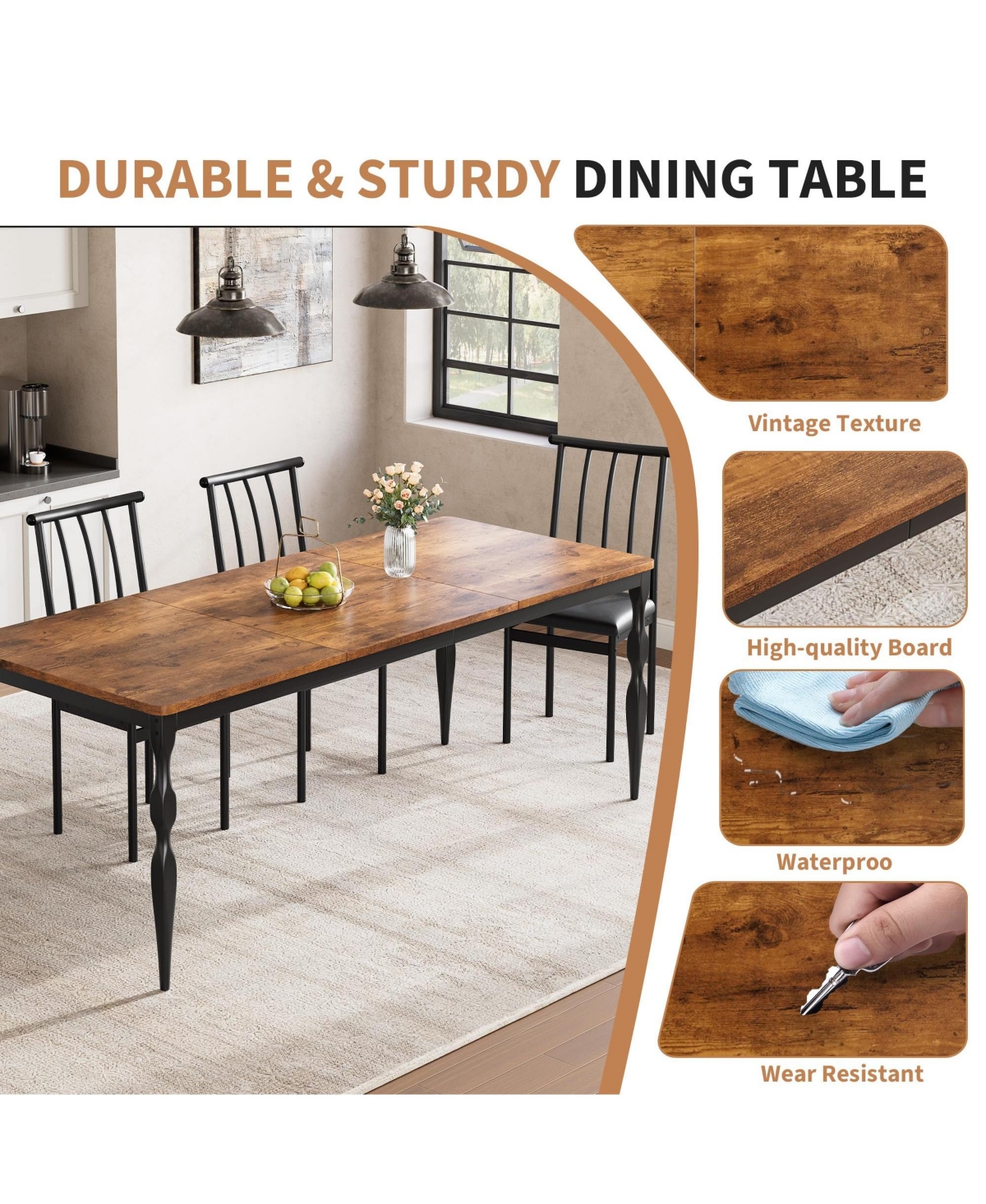 gaomon Dining Room Table 6, Mid Century Kitchen Furniture with Metal Frame Heavy Duty Legs