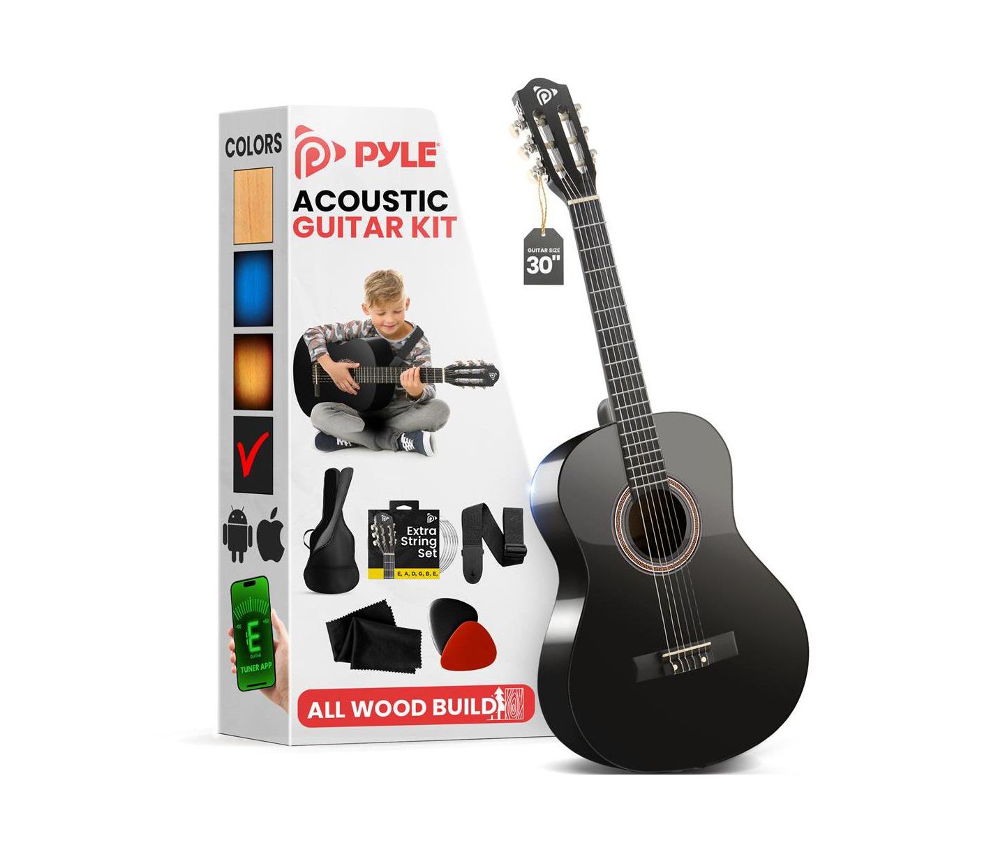 Детские игрушки Pyle Beginners 6-String Acoustic Guitar Kit with Digital Tuner, Ages 3+, цвет: Чёрный — фото 1