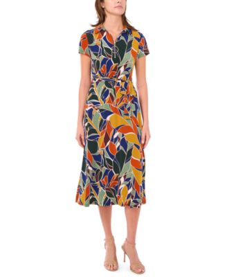 Petite Short-Sleeve Collared Belted Midi Dress