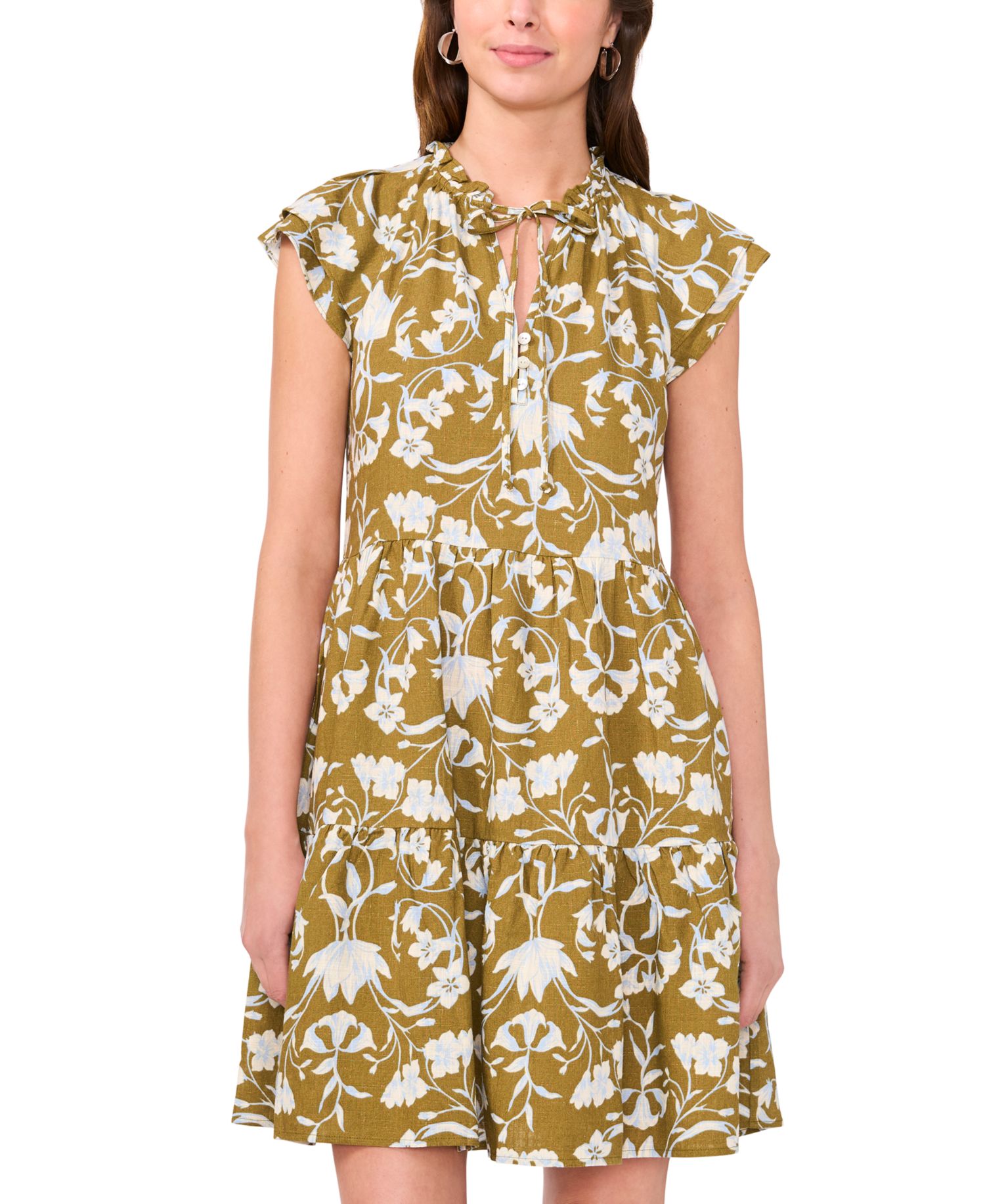 Petite Split Tie Neck Flutter-Sleeve Printed Dress