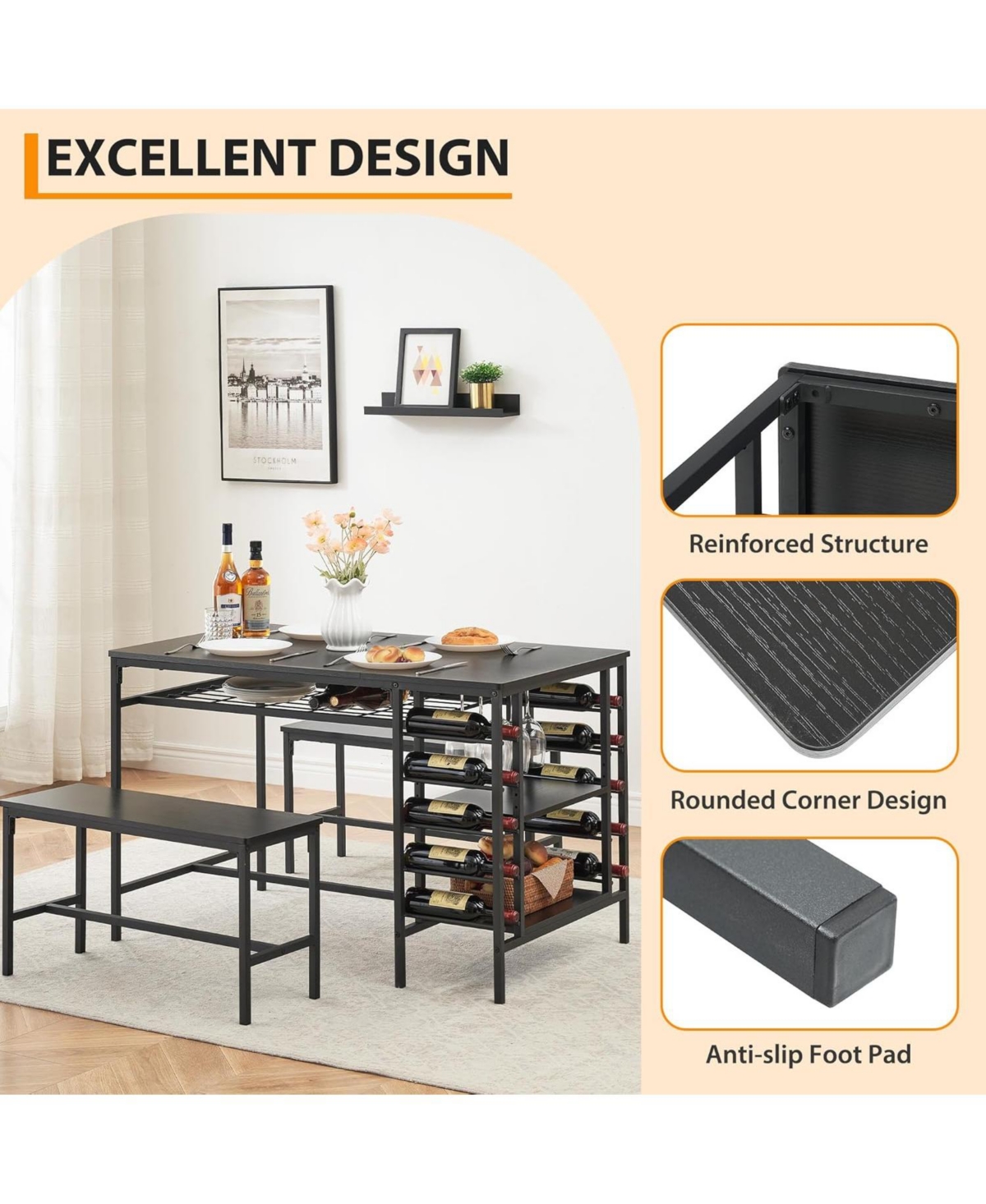 gaomon 3-Piece Dining Set for 4, Table with 2 Benches