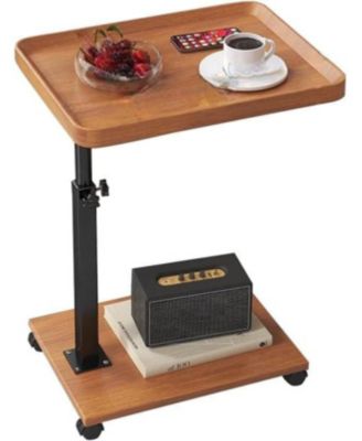 C-Shaped Adjustable Height End Table, 360degree(s) Swivel TV Tray with Wheels, Wood and Metal Sofa Table for Living Room