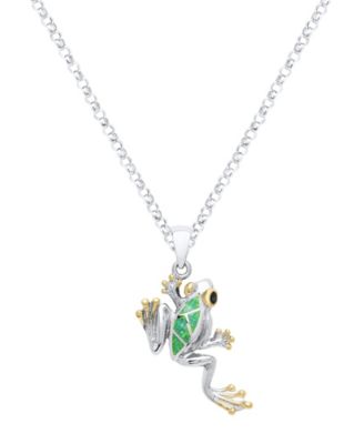 Kyocera Green Opal Tree Frog Pendant Necklace in Sterling Silver