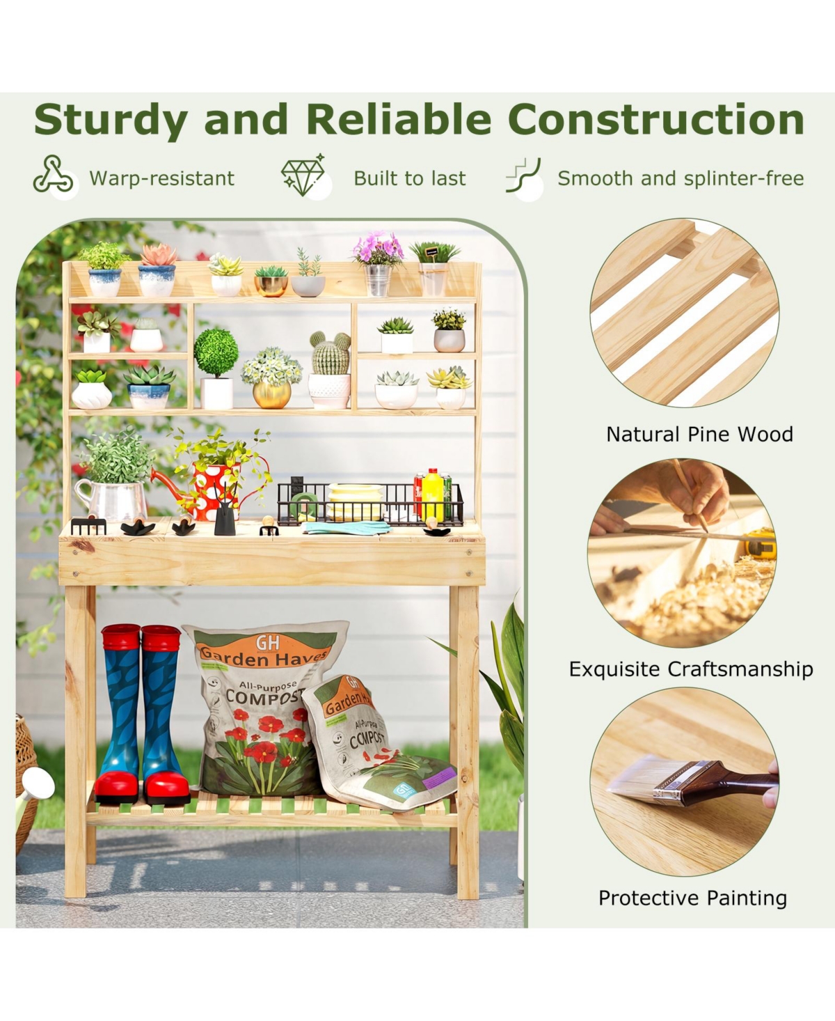 Sugift Wooden Potting Bench Table Garden Planting Workstation with 3-Tier Open Shelf