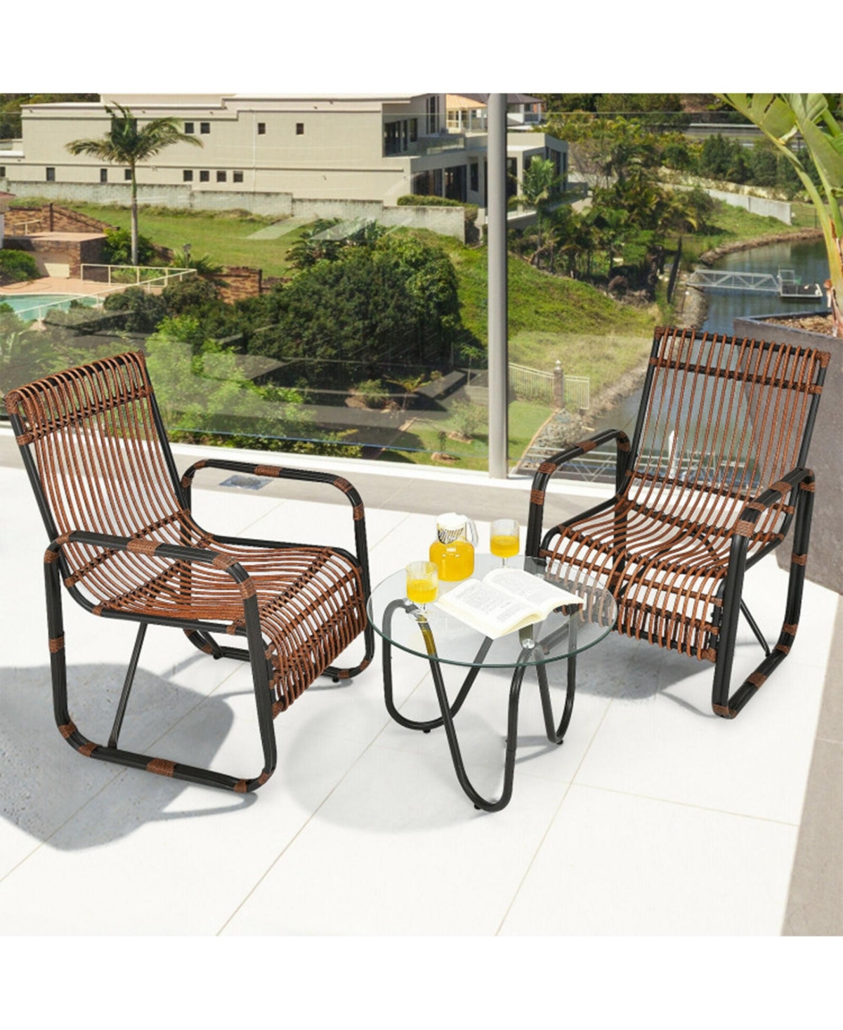 Clihome 3 Pieces Patio Rattan Furniture Set with 2 Wicker Chairs and Glass Side Table