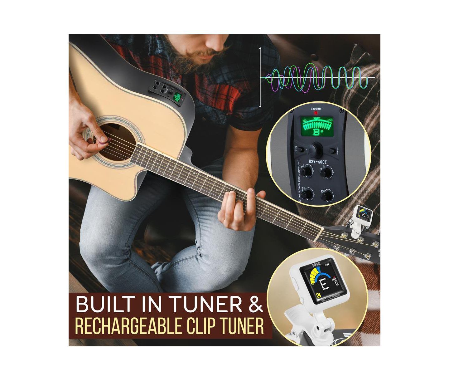Детские игрушки Pyle Electric Acoustic Guitar Kit - 6-String Guitar with Amplifier, Digital Tuner, and Accessories, Natural Finish — фото 5