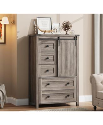 Farmhouse 5 Drawer Wood Dresser, 48" Tall Chest with Sliding Barn Door & Shelf