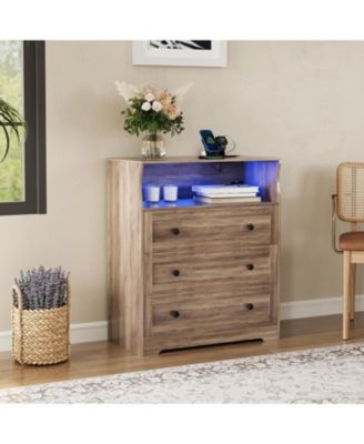 3 Drawer Wood Nightstand with LED Lights & Charging Station, Bedside Chest for Bedroom, Closet, Hallway