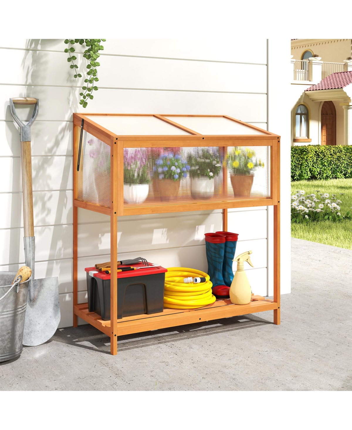 Sugift Wood Cold Frame Greenhouse with Transparent Openable Roof and Slatted Storage Shelf