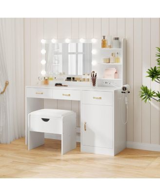 Vanity Desk with Mirror and Lights, Vanity Set with Upholstered Storage Stool, Makeup Vanity with Power Outlet and 11 LED Bulbs, Dressing Table