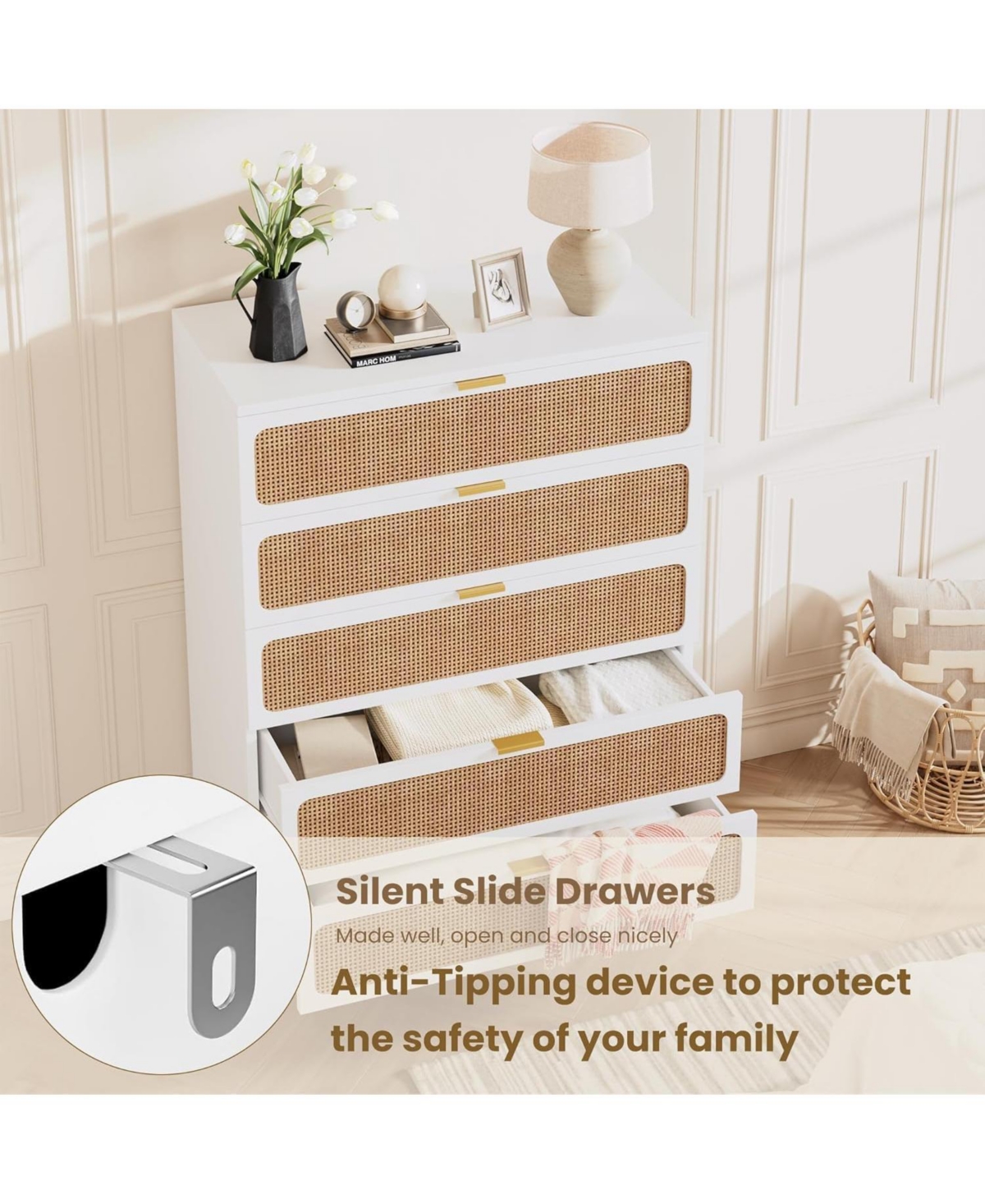 gaomon 5-Drawer Rattan Tall Dresser, Deep Storage Wood Chest