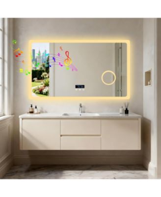 Wall-Mounted LED-Bathroom-Mirror with Bluetooth Speaker, Time Display, Magnifier, Anti-Fog, Memory Function, 3 Color Temperature