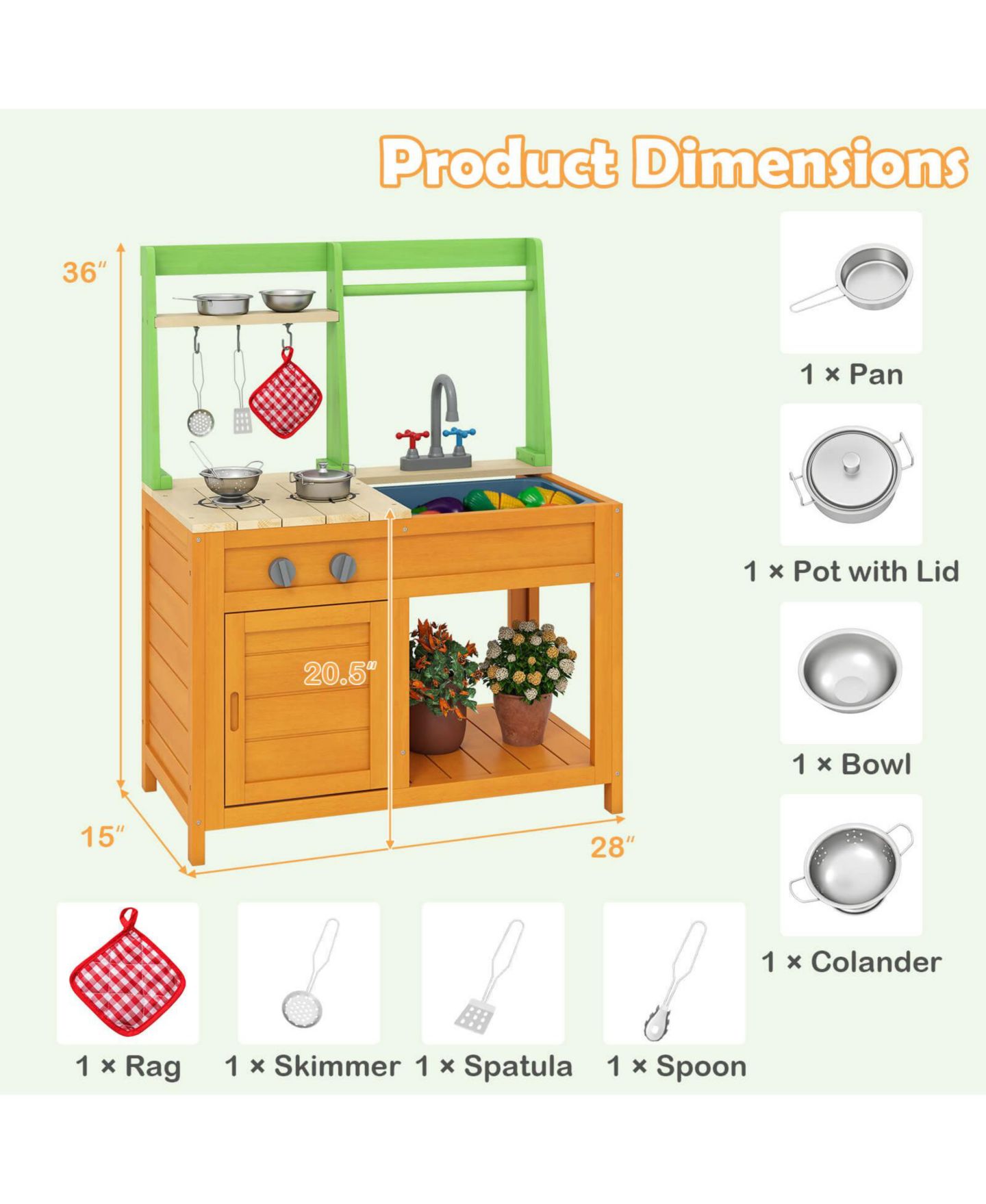 Детские игрушки Costway Wooden Mud Kitchen with Stoves, Sink and Oven, 10-Piece Set, Ages 3+, цвет: Жёлтый — фото 3