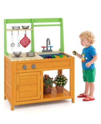 Mud Kitchen for Kids with Realistic Stoves Faucet Sink Oven and Cookware Accessories