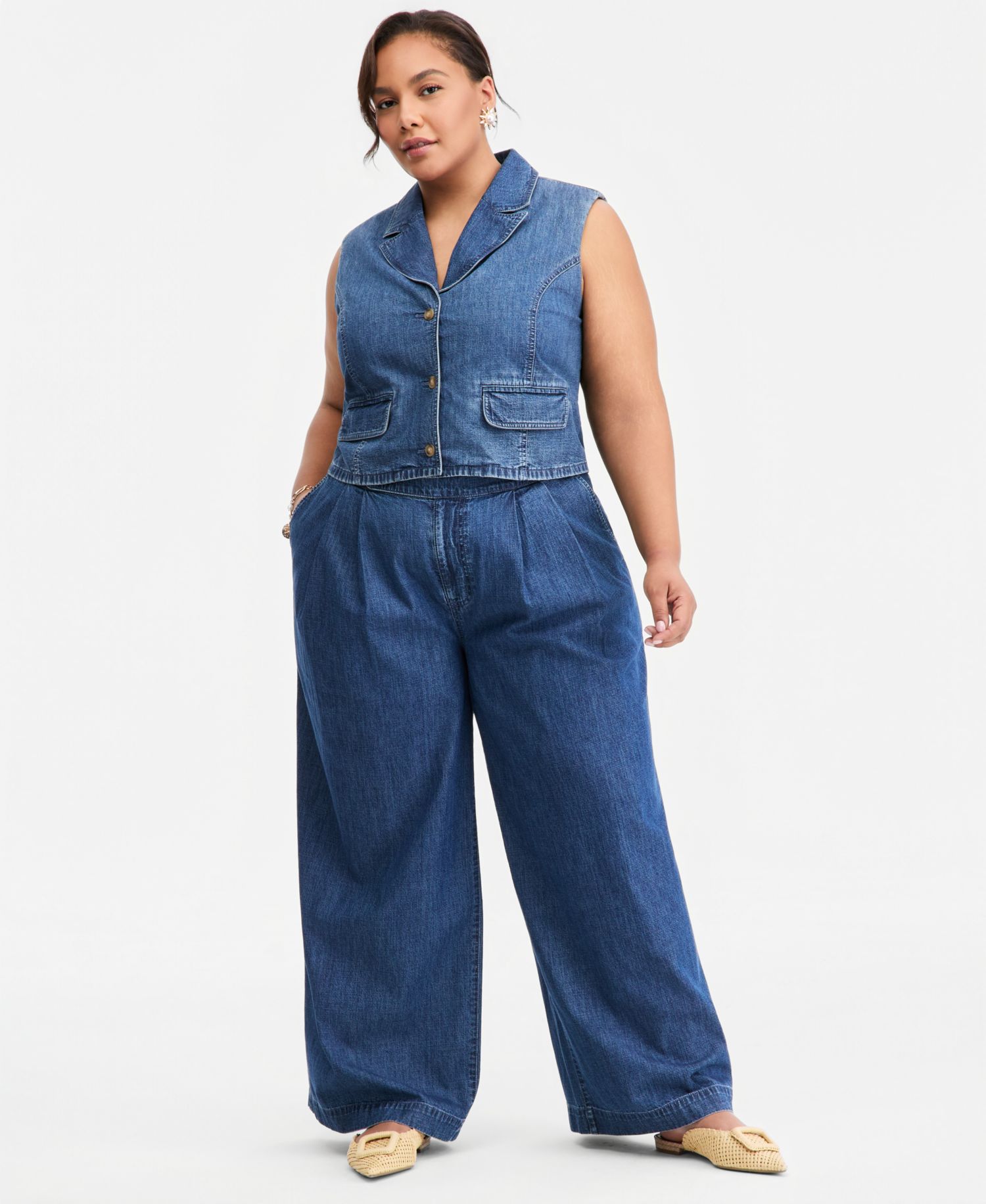 Trendy Plus Size Notched-Collar Button-Front Denim Vest