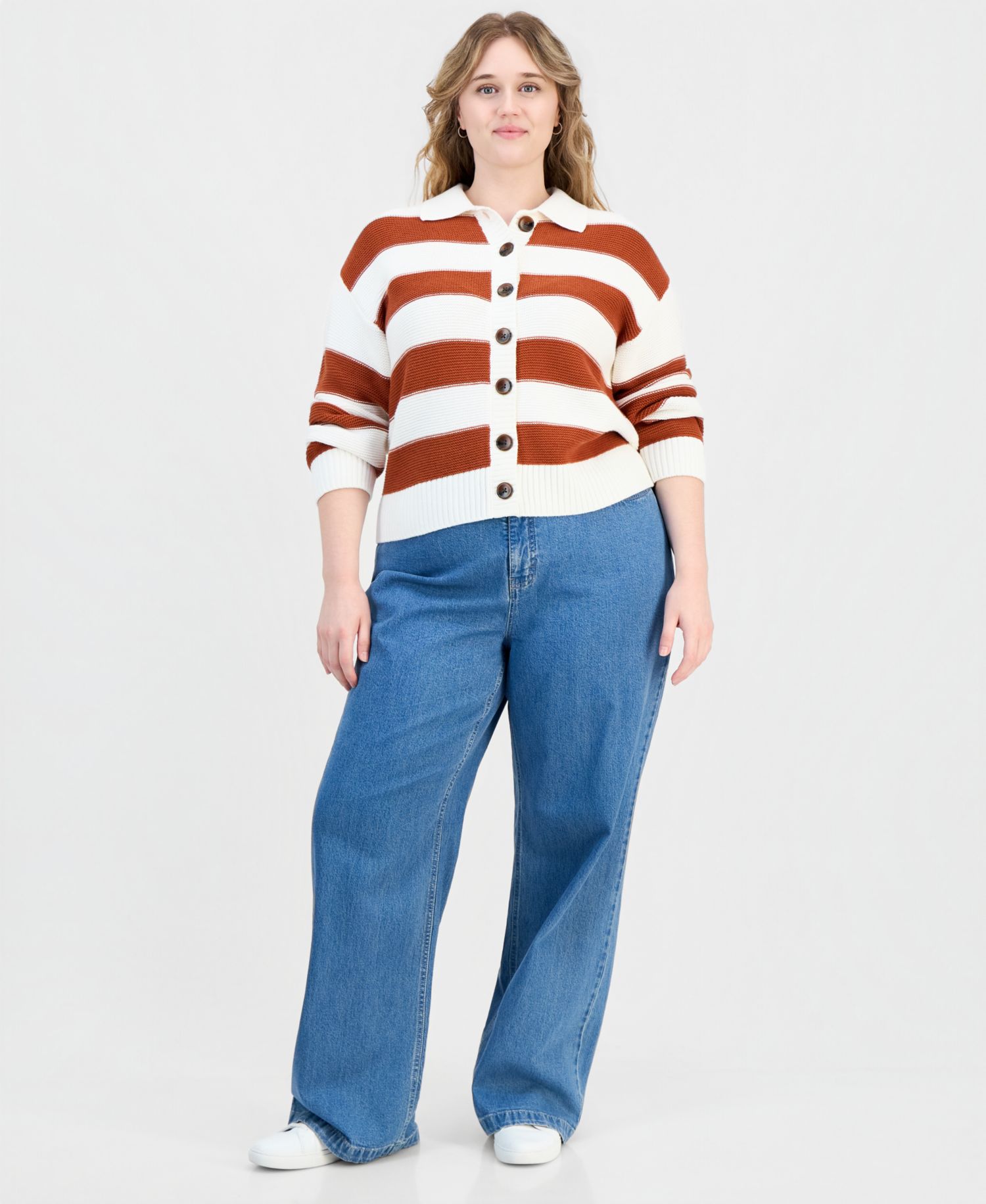 Trendy Plus Size Bold Stripe Button-Front Cardigan Sweater