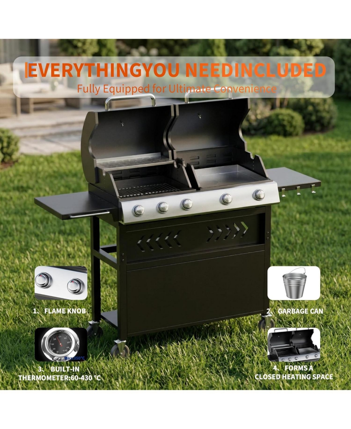 Xo Stainless Steel 5 Burners Gas Grill Griddle Combo for Backyard Patio, Total Cooking Area