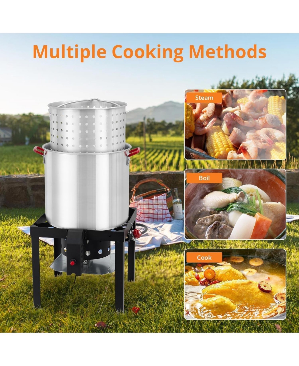 Xo Outdoor Seafood Boil Pot, Aluminum Seafood Boil Kit with Strainer Basket and Propane Burner for Outdoor Cooking