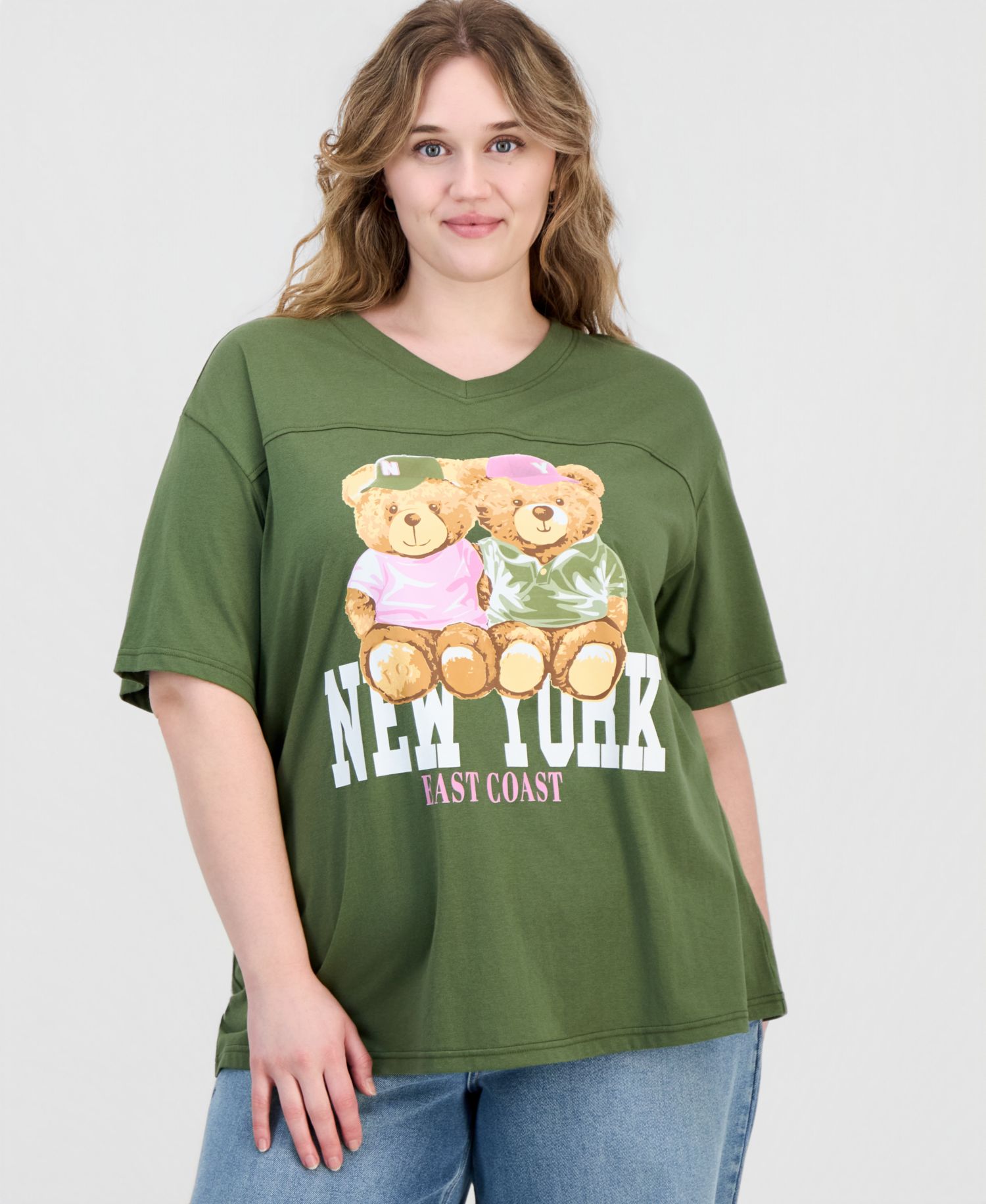 Trendy Plus Size New York Bear Graphic Varsity Boyfriend T-Shirt