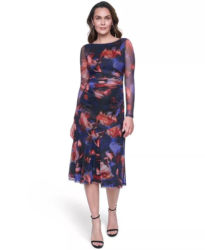 Women's Printed Mesh Bodycon Midi Dress