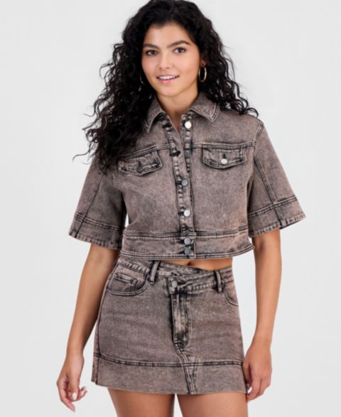 Женская рубашка Bar III Dirty Denim Elbow-Sleeve, цвет: Коричневый джинсовый