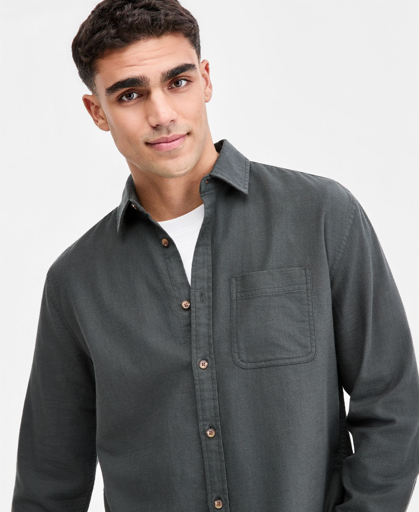 Мужская рубашка Sun + Stone 100% Cotton Slub Long-Sleeve, цвет: Чёрный теневой — фото 2