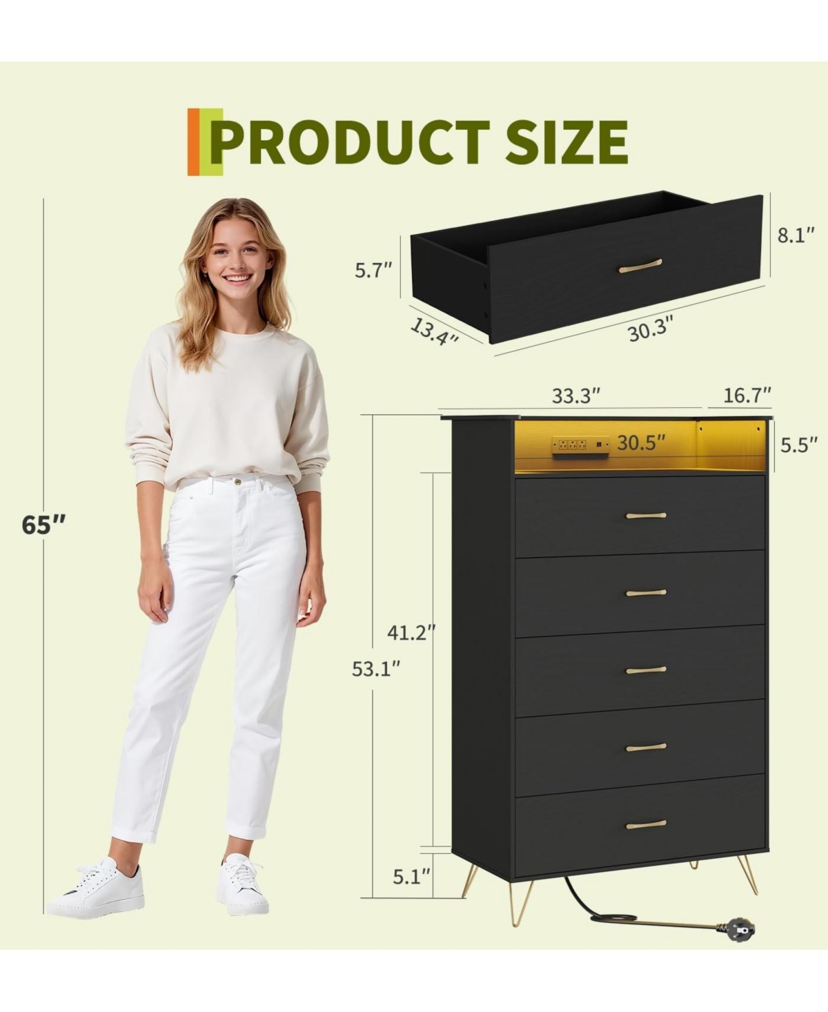 gaomon 5 Drawer Tall Wood Dresser with Soft-Close Slides, Water-Resistant Storage Cabinet for Bedroom, Hallway
