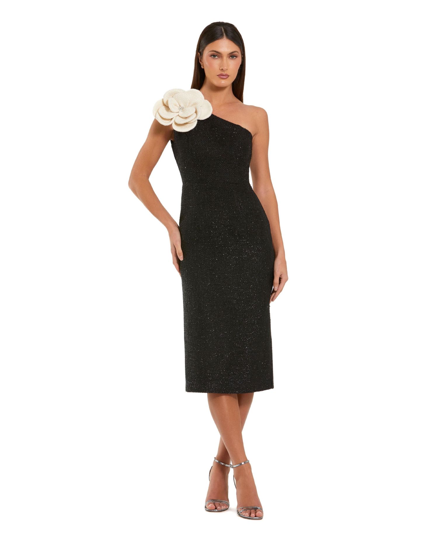 Women's One Shoulder Boucle Midi Dress With 3D Flower