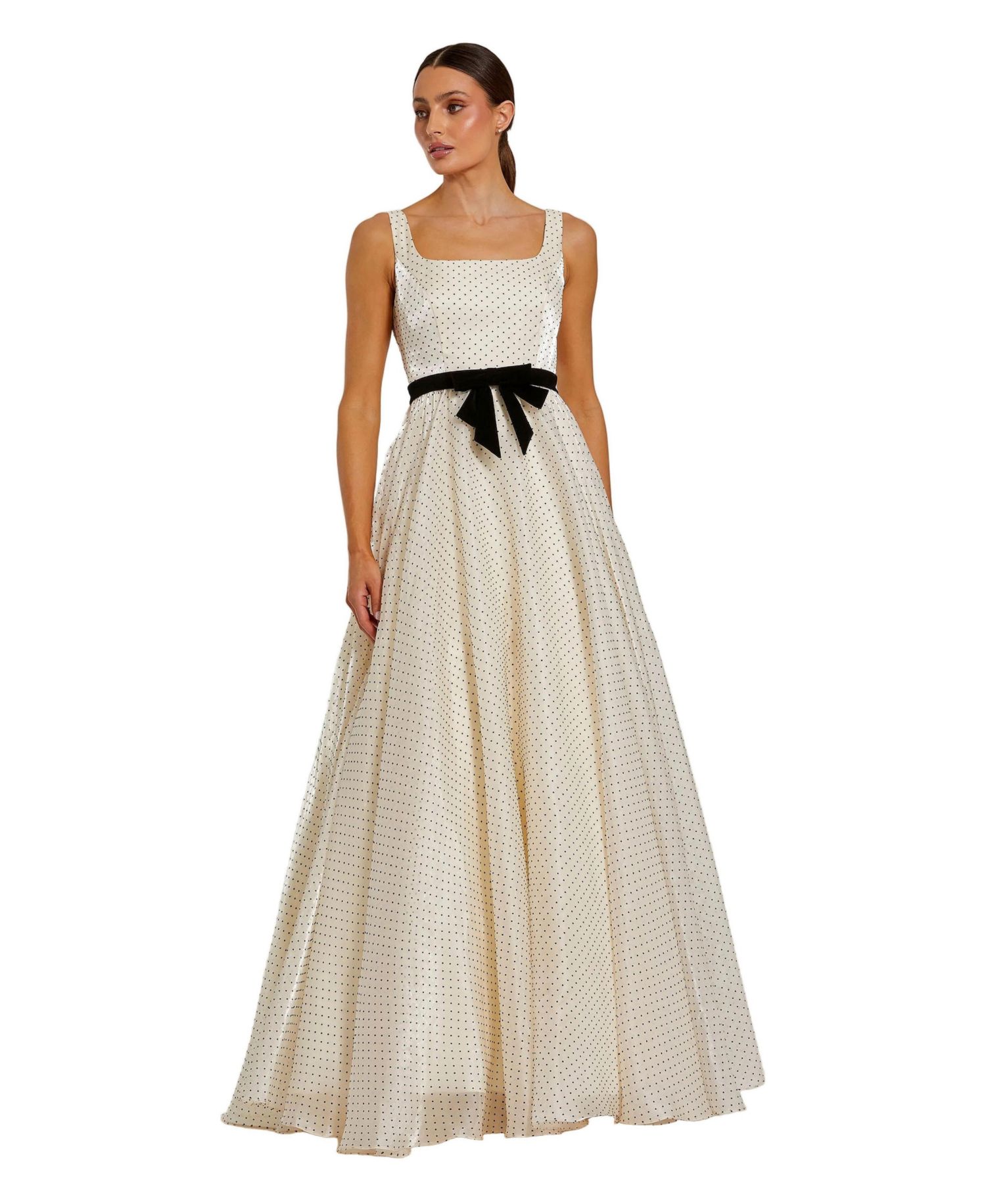Women's Polka Dot Organza Square Neck Ballgown with Velvet Bow