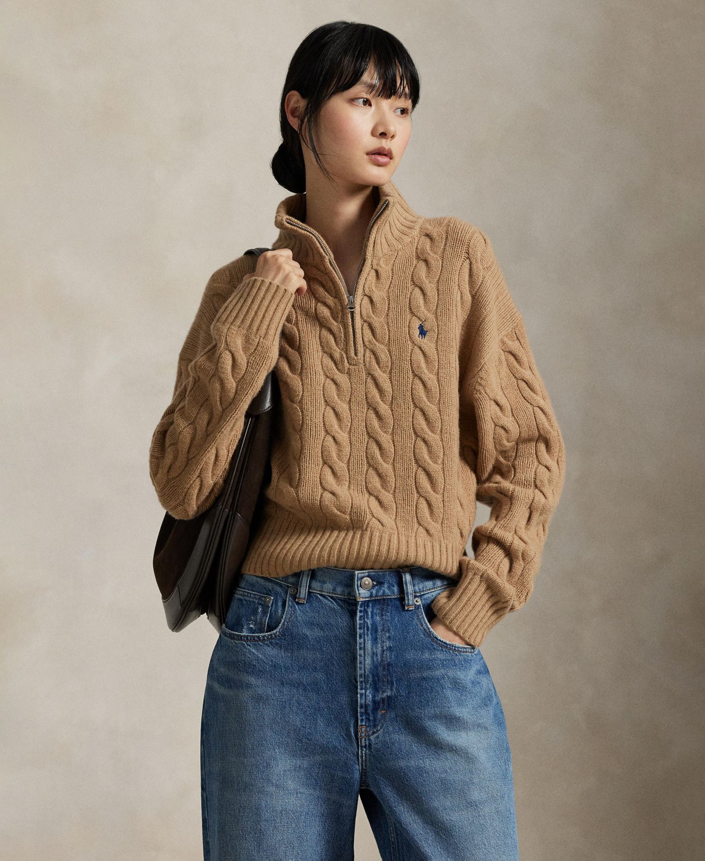 Женский свитер Polo Ralph Lauren Cable-Knit Half-Zip Wool-Cashmere, цвет: Верблюжий меланжевый — фото 5
