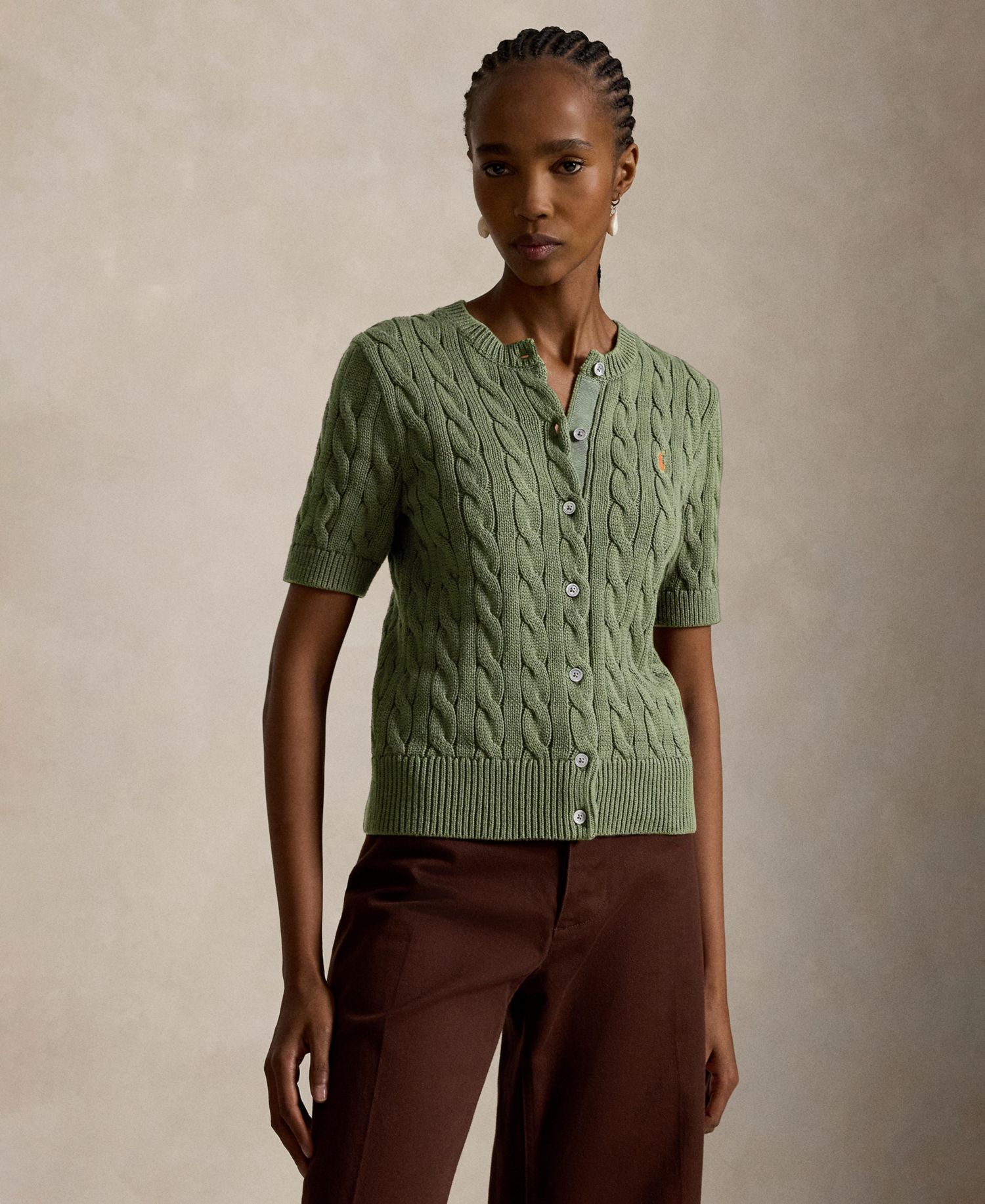 Women's Cable-Knit Cotton Short-Sleeve Cardigan