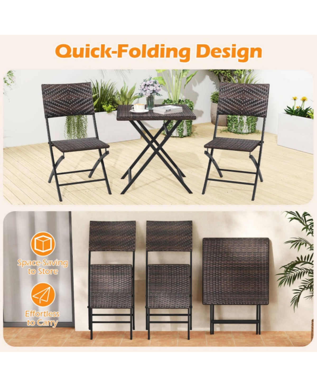 Clihome 3 Piece Rattan Bistro Set Outdoor Folding Dining Table and Chairs with Wicker Seat