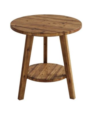 Rustic Solid Wood End Table with Round Top and Storage Shelf
