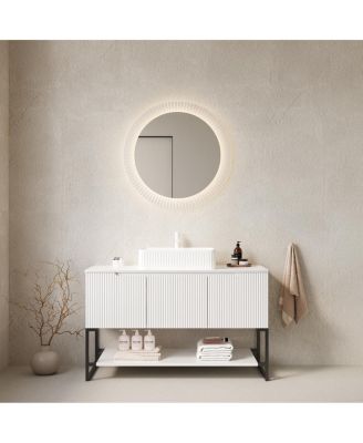 Inch Freestanding Bathroom Vanity with Ceramic Basin, Carrara Sintered Stone Top, Soft Close Storage, Pre-assembled