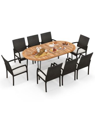 9 PCS Patio Rattan Dining Set Acacia Wood Table and 8 Patio Wicker Armchairs