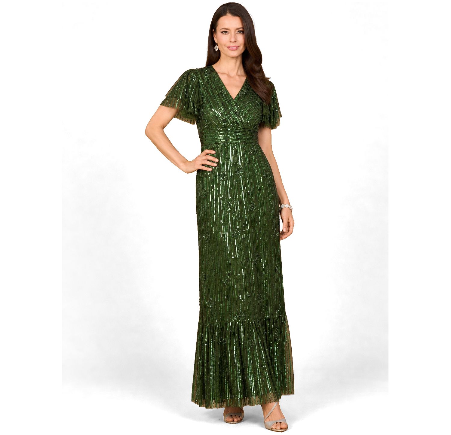 Women's Elegant Beaded Gown with Flutter Sleeves