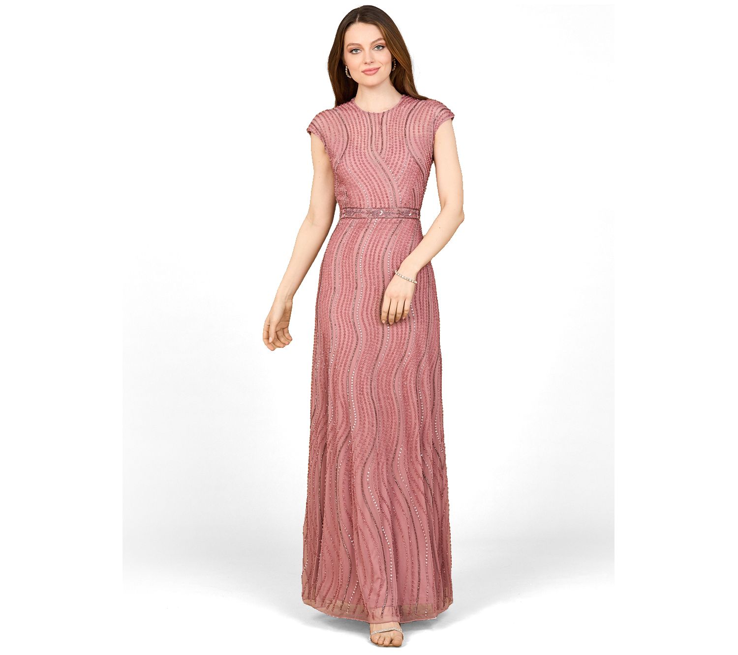 Women's Cap Sleeve, Illusion Neck Beaded Gown
