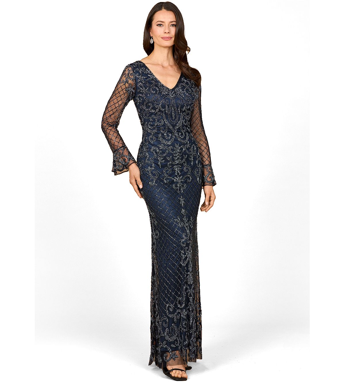 Lara Women's Beaded Long Sleeve V-Neck Gown view 1 — MAYCSS fashion products