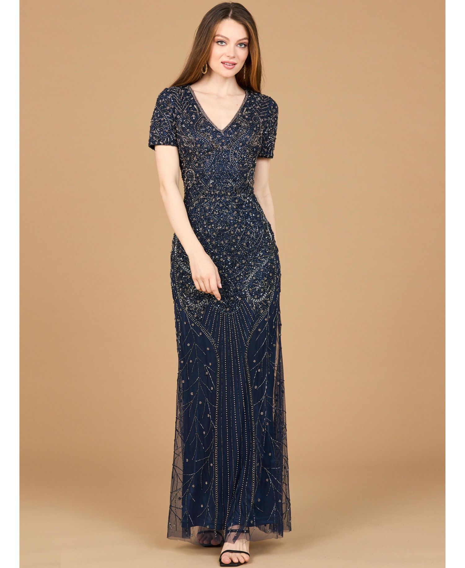 Women's Short Sleeve Sheath Beaded Gown