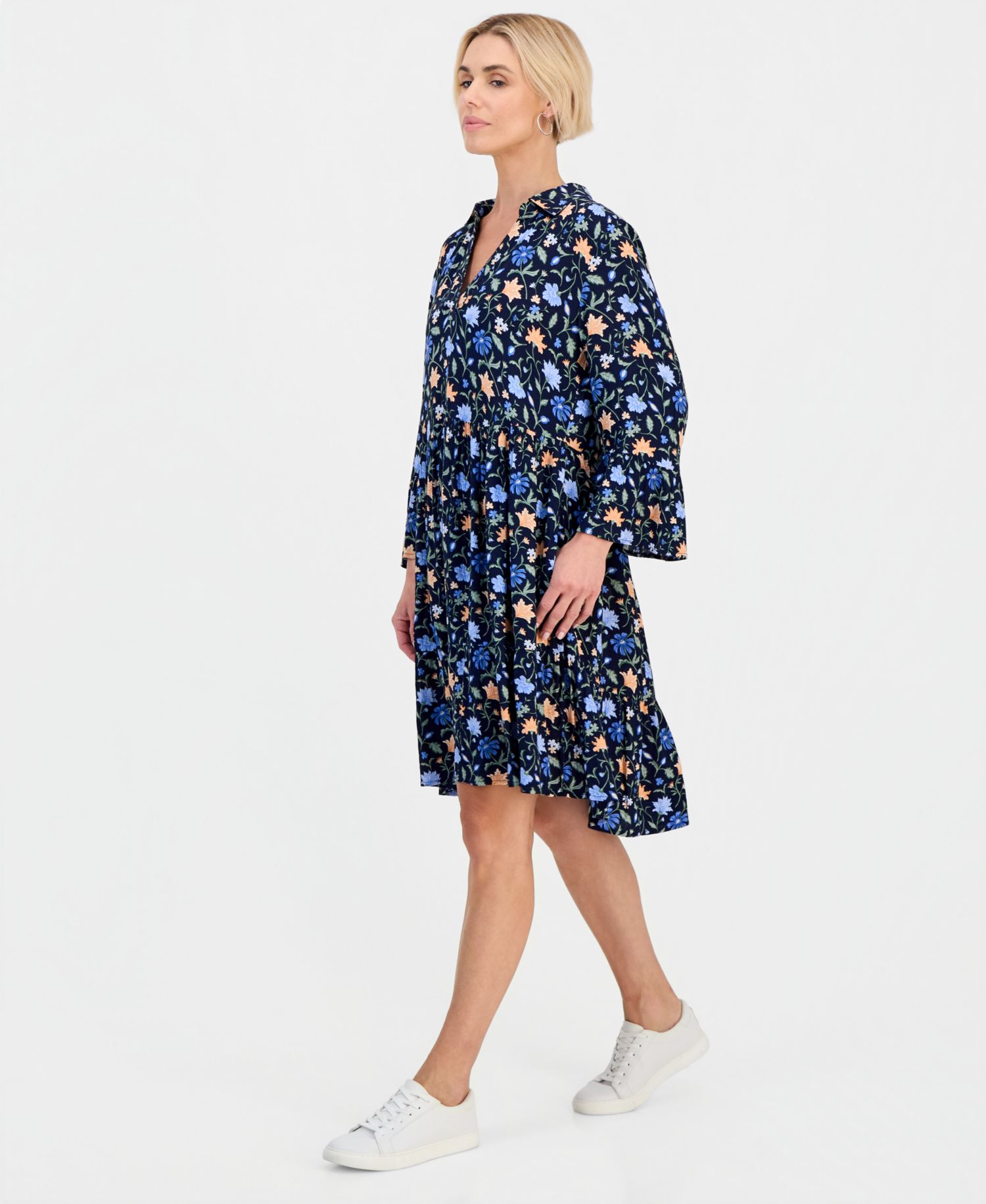 Petite Printed 3/4-Sleeve Tiered Shift Dress