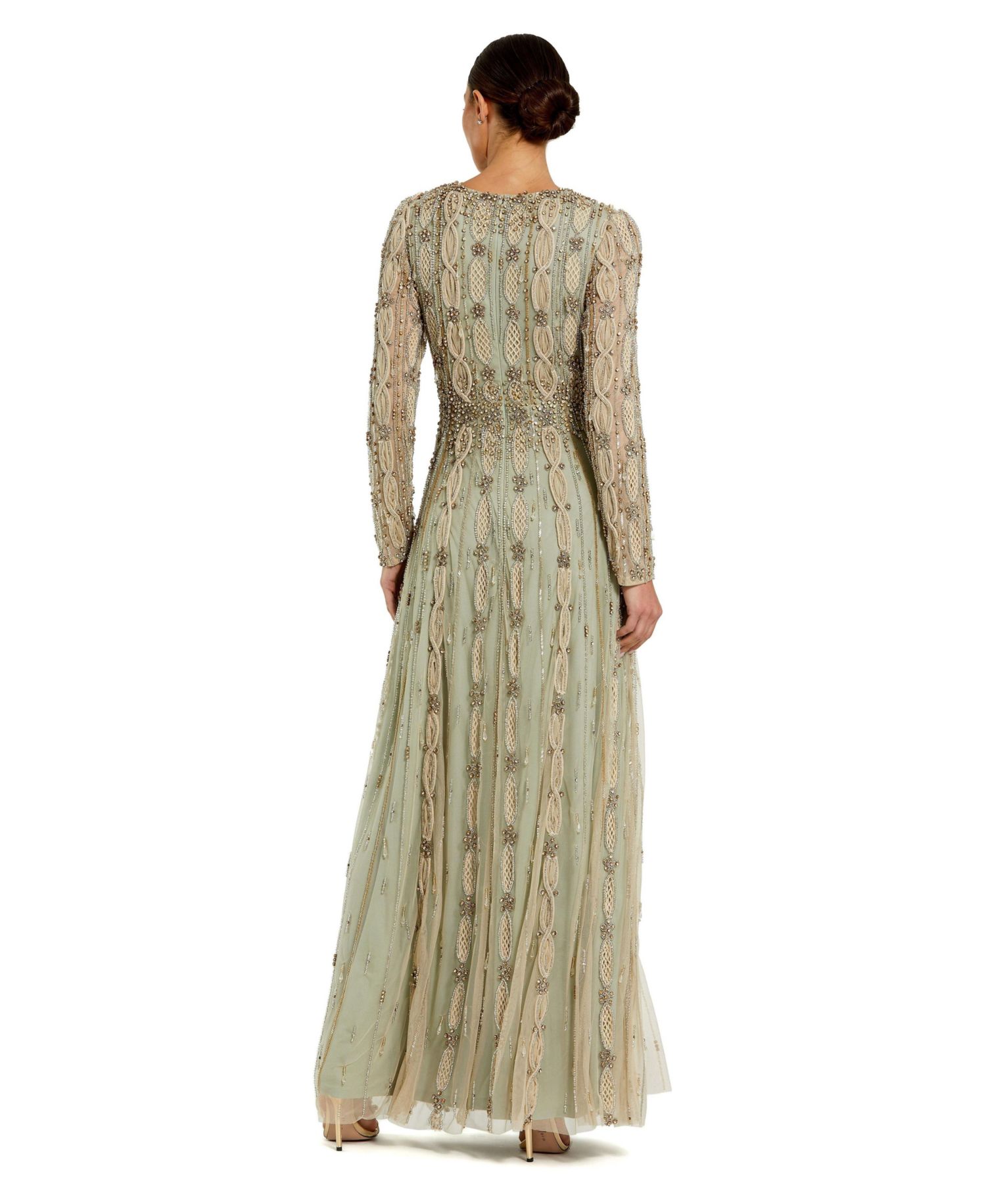 Women's Embellished Mesh Long Sleeve Evening Gown