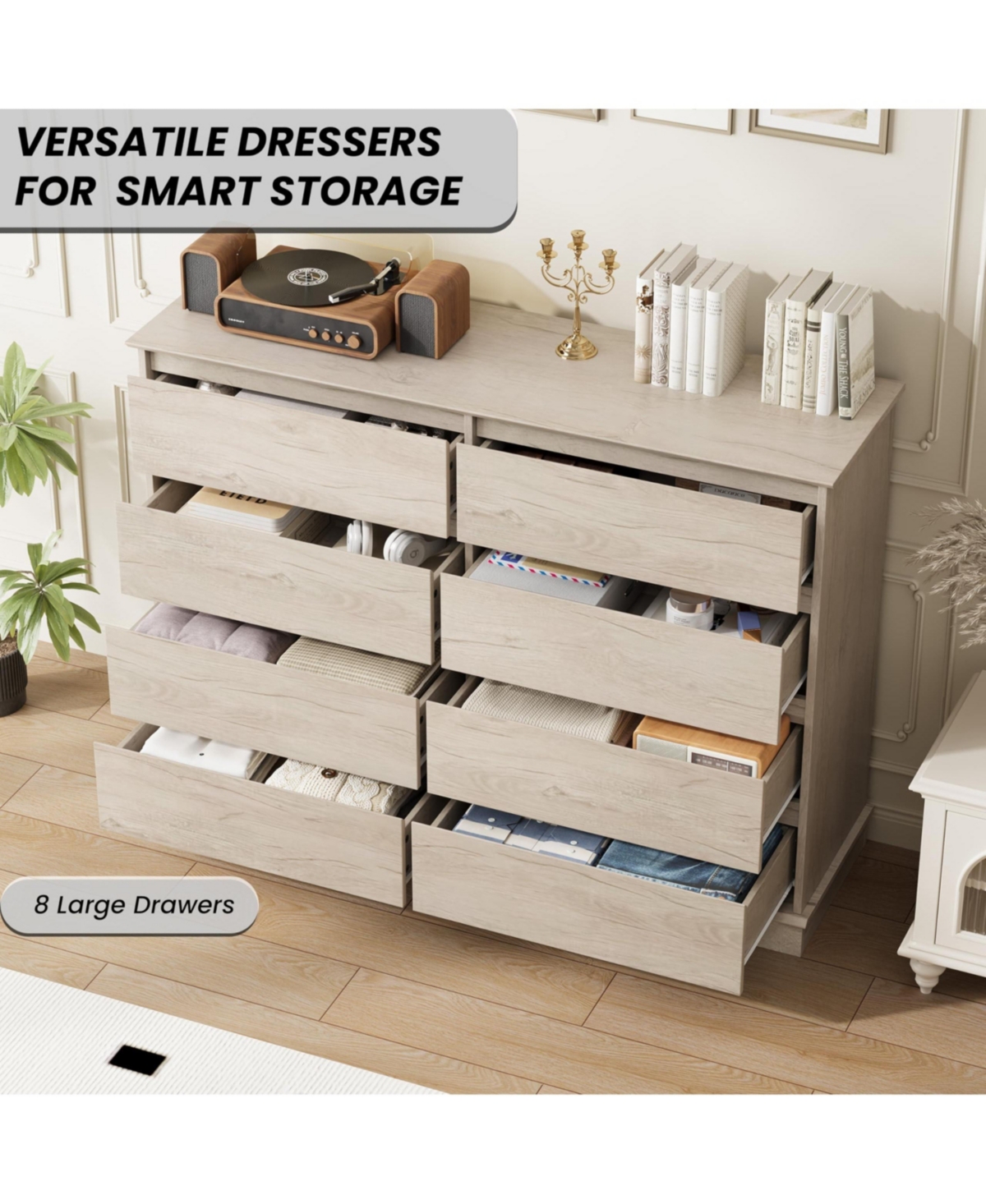 homfan Engineered Wood Dresser with Smooth-Glide Faux-Linen-Lined Drawers, Integrated Pulls and Wide Top, Raised Base for Stable Bedroom Storage