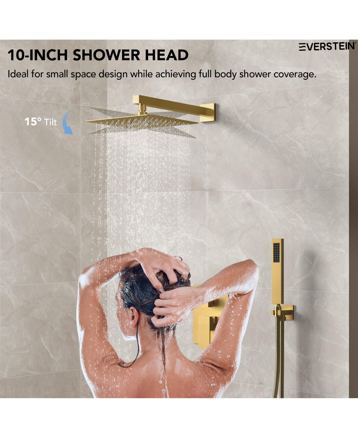 Everstrein 10" Rain Shower Head High Pressure Wall Mount Shower System Bathroom Shower Faucet Set with Handheld Spray Brushed Gold