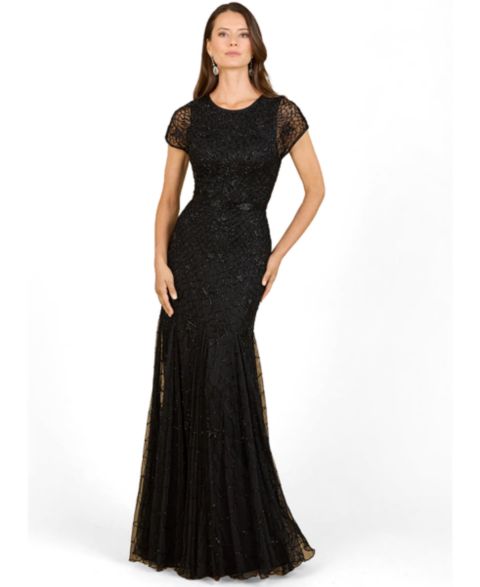 Женская кепка Lara Beaded Mermaid Cap Sleeve Gown, цвет: Чёрный