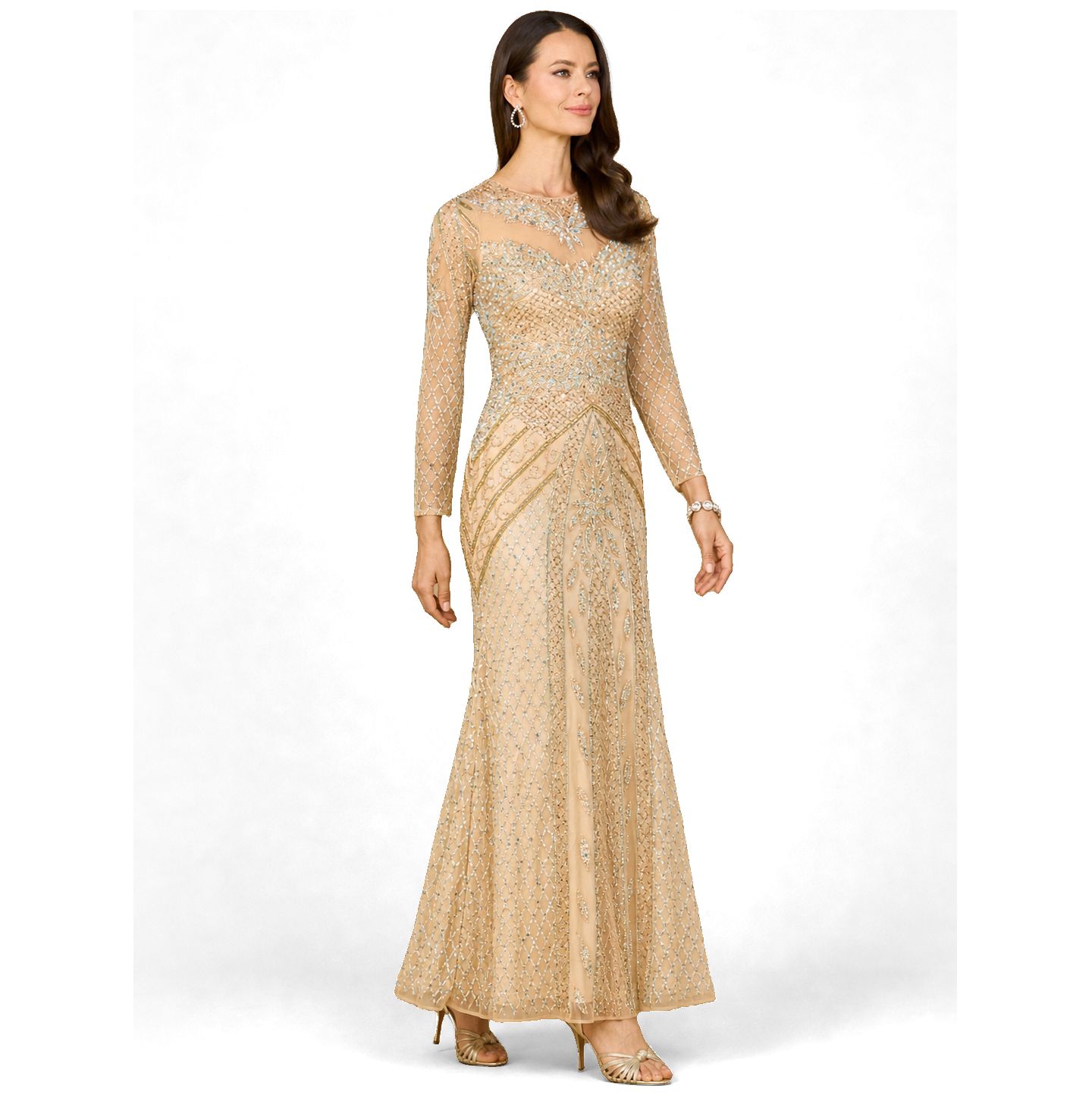 Женские платья Lara Illusion Neck Long Sleeve Beaded Gown, цвет: Телесный / Разноцветный — фото 3